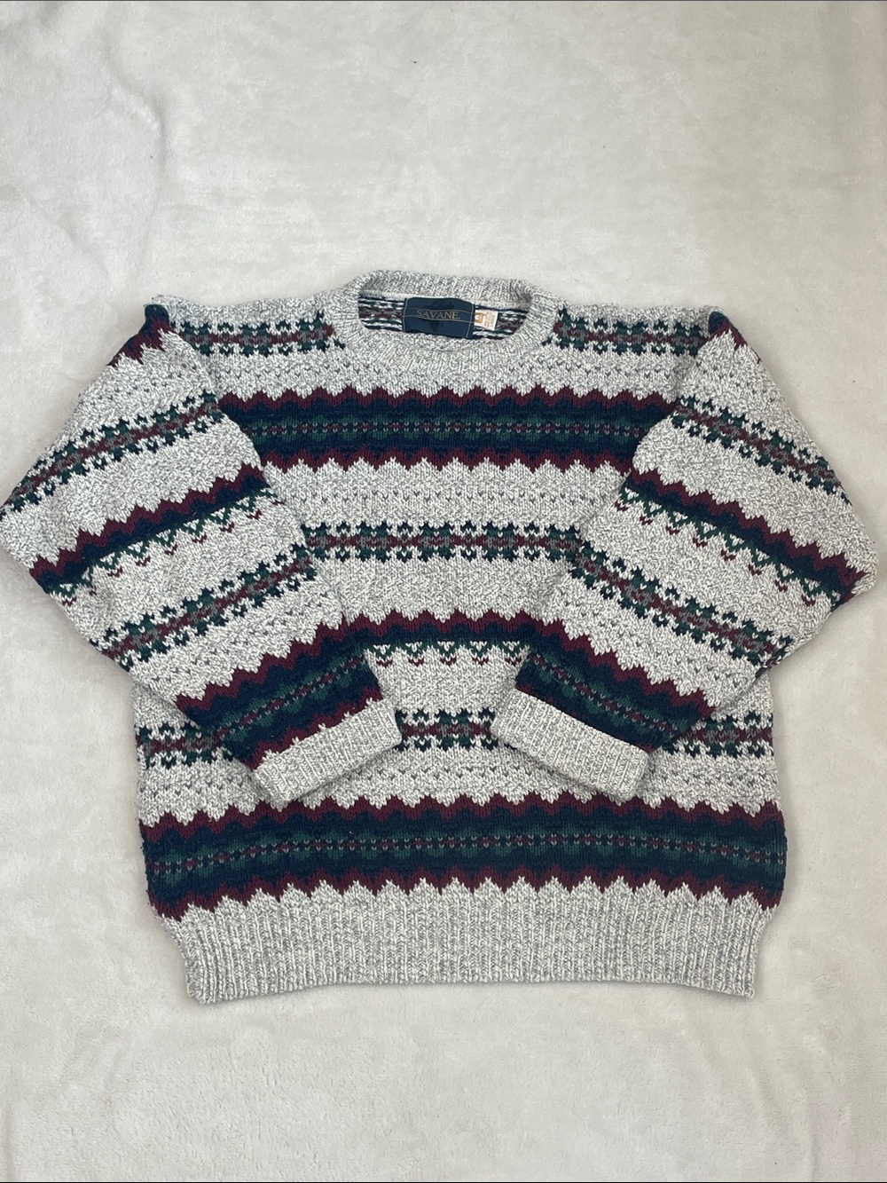 Vintage Savane Gray Crewneck Sweater with Burgundy & Green Fair Isle Pattern